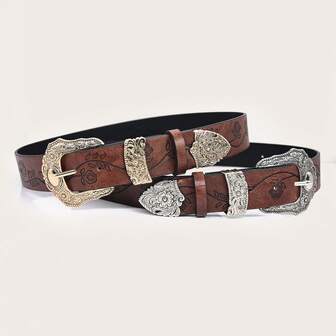 1pc Animal Floral Buckle Embossed Belt, Vintage Bohemian Western Cowboy Style PU Leather Unisex Waist Belt, Suitable For Jeans, Shirts, Coats, Dresses