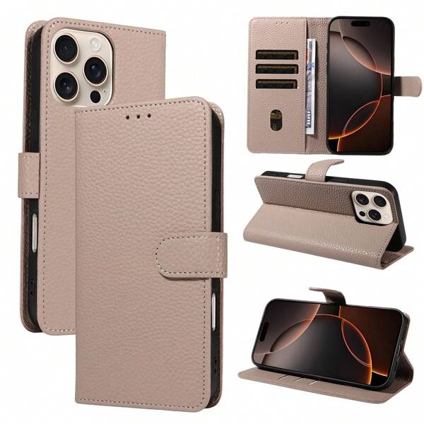 1pc Litchi Texture Flip Protective Card Holder Phone Case, Anti-Scratch, Compatible With Apple17 Pro Max/17 Pro/17/Air/16 Pro Max/16/15/14/1ung Series A16