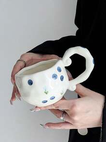 1 pieza Taza cerámica asimétrica pintada a mano, con patrones de cereza y arándano, estilo vintage japonés, taza de té/café de alta calidad para oficina, taza de agua, regalo de taza de cerámica, apta para todas las estaciones - Multicolor - Ver 6