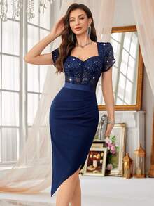 MIUSOL Retro Sequin Floral Lace Sweetheart Neck Asymmetrical Hem Sheath Cocktail Party Fitted Dress