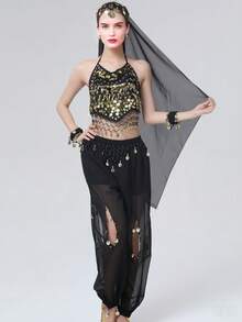 Women's Style Sparkling Belly Dance Three Pieces Set: Sequined Top + Lantern Pants + Headscarf Set For Halloween Carnival Party Stage Performance Costume
