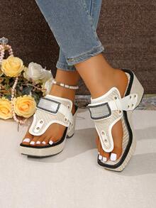Wedge Thick-Soled Woven Sandals Wedge 3D Floral Flip-Flops Bohemian Style Wedge Thick-Soled Sandals, Rivet, Elegant, Party, Minimalist, Solid Color, Summer, Square Toe - Black and White - View 1