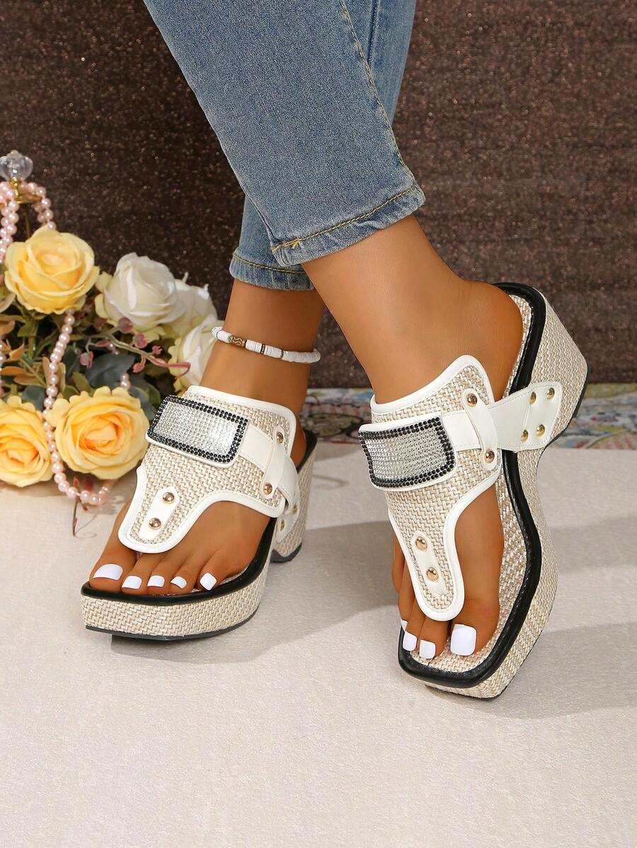 Wedge Thick-Soled Woven Sandals Wedge 3D Floral Flip-Flops Bohemian Style Wedge Thick-Soled Sandals, Rivet, Elegant, Party, Minimalist, Solid Color, Summer, Square Toe - Black and White - View 1