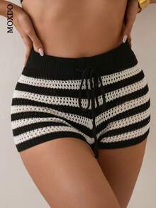 Women's Contrasting Color Striped Elastic Knit Crochet Hollow Slim Short Casual Fashion Beach Shorts - trắng - Xem 3