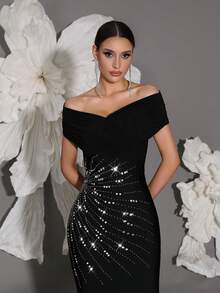 Handmade Beaded Off-Shoulder Bodycon Bandage Dress, Sexy & Fitted, Suitable For Family Gatherings, Parties, Formal Events - Black - View 2