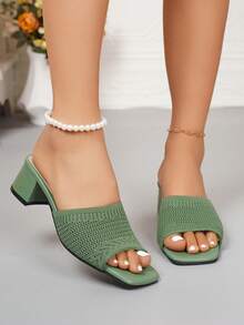 New Fresh Green Knit Fabric Open Toe Square Toe Design Chunky Heel Breathable Fashion High Heel Sandals, Casual Versatile, Women's Top Choice
