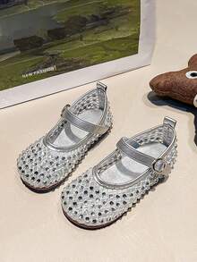 1 双女孩时尚水钻装饰舒适软底透气网眼平底鞋，适合户外穿着 - 銀色 - 查看 7