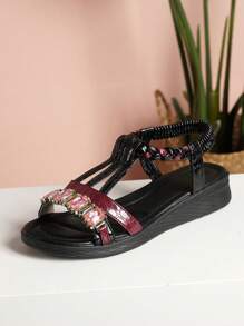 Women's New Thick Sole Wedge Platform Rhinestone Woven Strap Sandals, Elastic, Round Toe, Fashion & Comfortable, Summer