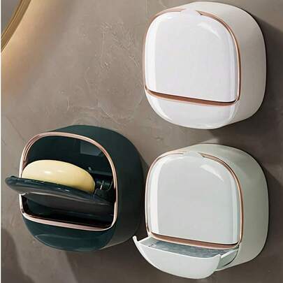 1个免钻孔壁挂式皂碟，现代简约壁挂皂架，适用于浴室洗手池和淋浴间，自排水皂盒，优雅金色饰边，无需工具即可轻松安装，延长肥皂使用寿命，防止肥皂泄漏，ABS塑料材质，是家庭和酒店浴室的理想之选。家居浴室装饰，秋季装饰，返校季装饰