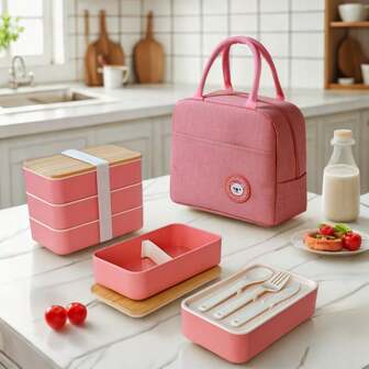 2/3 Layer Pink Bento Lunch Box Set With Accessories & Insulated Bag, Adult Lunch Container, Reusable Meal Prep Boxes, Suitable For School, Work, Outdoor, Easy To Clean, Space-Saving Thermal Lunch Box