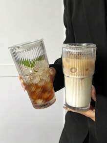 1pc Transparent Glass Cup, With Striped Pattern Lid And Straw, Elegant Glass Drinking Cup With Lid And Straw, Vertical Stripe Design, Portable And Simple Style Cup For Water, Tea Or Coffee, Stylish Home Drinking Glass Suitable, With A Highly Attractive Ins Style, Comes With A Round Shape, With A Capacity Of 600 Ml, For Coffee, Juice And Tea, Perfect Choice For Home And Restaurant, Mother's Day And Easter Gift.