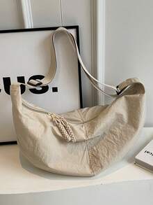 1pc Peach Tree Fashion Minimalist Solid Color Large Capacity Adjustable Strap Crossbody Shoulder Bag, Multi-Pockets Vintage For Daily/Shopping, Lightweight Water-Washed Nylon - Beige - View 7