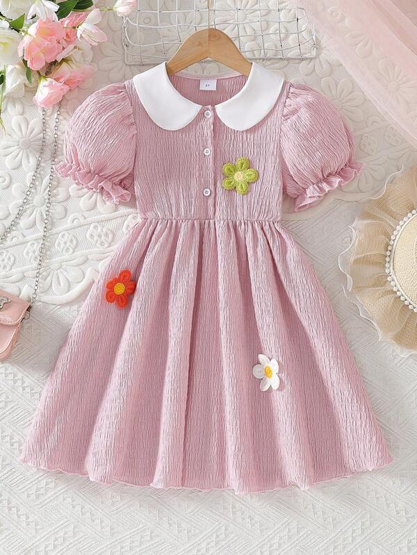 Girls' Ruched Floral Decor Puff Sleeve Dress, Summer Casual Collared Dress Suitable For Gift