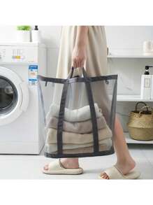 2pcs/1pc Casual Style Nylon Mesh Laundry Basket With Handle, Retractable Shape, Foldable And Wall-Mounted, Suitable For Various Room Types, Unlined - Dirty Clothes Storage Organizer