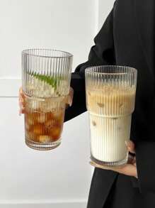 1pc Transparent Glass Cup, With Striped Pattern Lid And Straw, Elegant Glass Drinking Cup With Lid And Straw, Vertical Stripe Design, Portable And Simple Style Cup For Water, Tea Or Coffee, Stylish Home Drinking Glass Suitable, With A Highly Attractive Ins Style, Comes With A Round Shape, With A Capacity Of 600 Ml, For Coffee, Juice And Tea, Perfect Choice For Home And Restaurant, Mother's Day And Easter Gift.