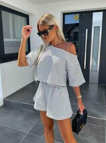 2-Piece Women Summer New Ribbed Knit Loose Casual Asymmetrical Neck Short Sleeve Elastic Waist Shorts Pajama Set, Suitable For Home Use