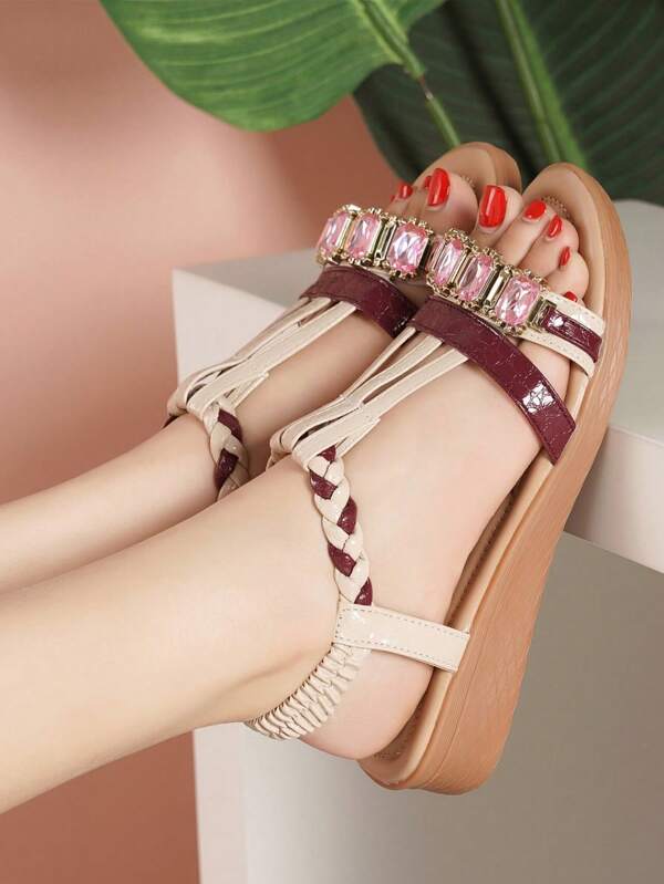 Women's Summer New Thick Sole Wedge Rhinestone Woven Strap Sandals, Elastic Fashionable Comfortable Round Toe