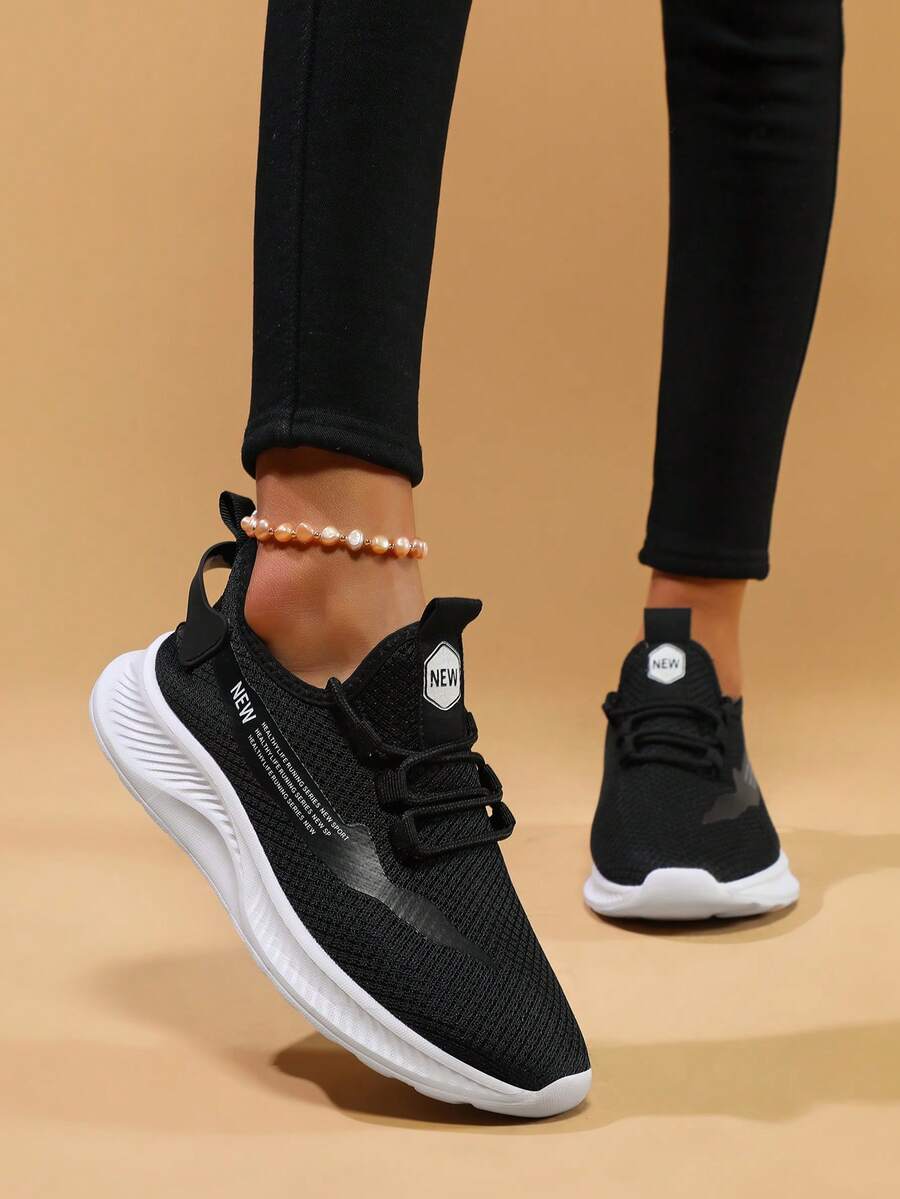 Fashionable New Women's Shoes Letter Lace-Up Round Toe Soft Bottom Mesh Breathable Stylish Running Shoes, Vacation Style, Summer, Pastel Color Casual Sport Sneakers For Couples - Black and White - View 1