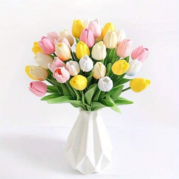 15 piezas de tulipanes artificiales surtidos en color, rosa claro, rosa y blanco, aptos para decoración de jardín al aire libre, decoración interior y exterior, decoración de jarrones, plantas falsas, decoración para las cuatro estaciones, suministros de decoración de habitaciones, arte floral de decoración del hogar