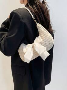 新款春夏时尚蝴蝶结围巾装饰手提包、草编单肩包、休闲新月形单肩包（配仿珍珠链）、优雅女包、沙滩必需品、沙滩必备品、沙滩用品和夏季必需品