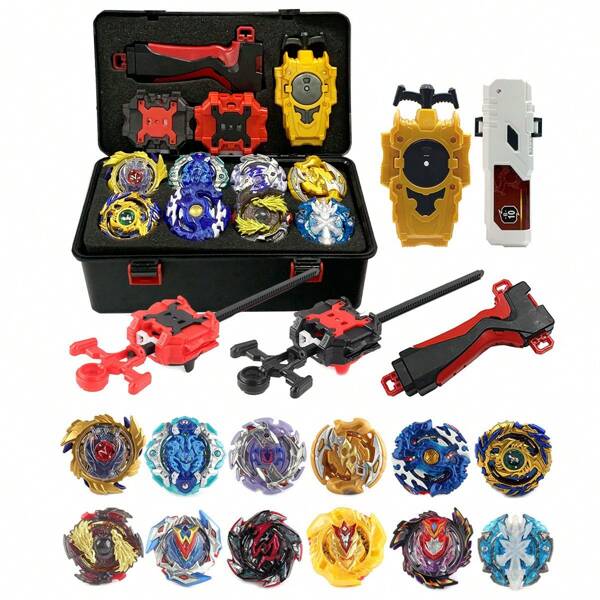 16pcs/Set Classic Metal Burst Friction Battling Spinning Top Multi-Player Competition Game Accessories Tool Box (Random Color Toolbox: Red Or Black)