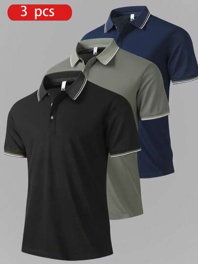 3pcs Men's Boyfriend Style Lightweight Breathable Running Training Sports Casual Short Sleeve Polo Shirt & Striped T-Shirt Set, Summer