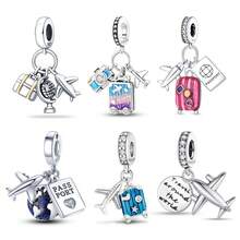 1PC 925 Sterling Silver Airplane Suitcase Charm Globe And Camera Charm Airplane And Handbag Charm Suitable For Bracelet DIY Women's Jewelry Necklace Charm - Silver - View 1