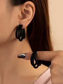 1 Pair 2025 New Fashionable Minimalist Geometric Enamel Earrings - Black - View 10