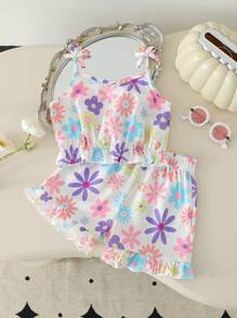 2pcs/Set Girls Summer Sleeveless Top And Shorts Set, Flower Print Tank Top + Ruffle Hem Shorts, Suitable For Home, Outings And Play