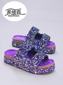 2025 Nuevas Pantuflas de Suela Gruesa con Patrón Retro, Sandalias Casuales de Estilo Vintage para Uso en Casa y Exterior para Mujeres, Zapatos de Verano - Morado - Ver 1