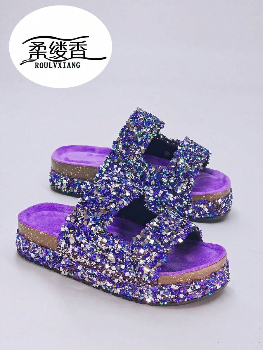 2025 Nuevas Pantuflas de Suela Gruesa con Patrón Retro, Sandalias Casuales de Estilo Vintage para Uso en Casa y Exterior para Mujeres, Zapatos de Verano - Morado - Ver 1