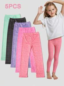 5 Pcs Girls Solid Color Leggings, Comfy Tight Fitting Ankle Length Pants, Suitable For Daily Wear, Spring/Summer - Multicolor - View 2