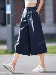 Women's Summer Solid Color Casual Wide Leg Loose 7/4 Length Pants With Pockets, Suitable For Daily Casual, Outdoor & Vacation Wear