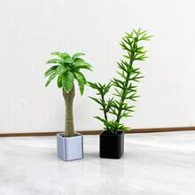 适合青少年的微型盆栽人造绿色植物装饰、迷你竹子和棕榈树装饰品、娃娃屋绿色家居装饰、优雅简约风格、适合书架装饰的室内盆景模型 - 綠色 - 查看 1
