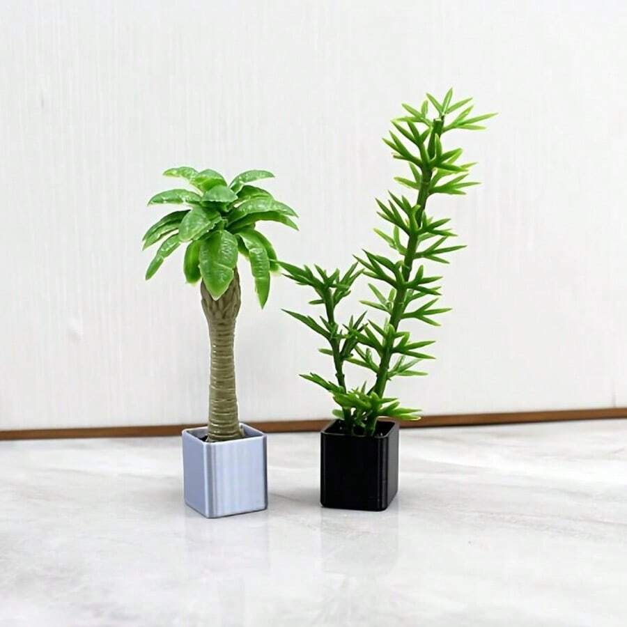 适合青少年的微型盆栽人造绿色植物装饰、迷你竹子和棕榈树装饰品、娃娃屋绿色家居装饰、优雅简约风格、适合书架装饰的室内盆景模型 - 綠色 - 查看 1