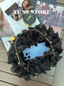 女士优雅大容量黑色花卉褶皱缎面手拿包，适合派对 - 时尚雪纺花瓣手提包，配有链条肩带，可容纳 ProMax 尺寸手机及必备物品，完美适用于新娘、婚礼、约会、舞会、伴娘、毕业派对、春季活动、鸡尾酒会和特殊场合（图案随机） - 黑色 - 查看 4