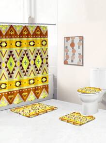 1pc/4pcs Boho Style Bathroom Decor Set: Waterproof Shower Curtain With 12 Hooks, Non-Slip Bath Mat, U-Shaped Toilet Mat, And Round Toilet Seat Cover, Multi-Functional Bathroom Accessory Set Back To School