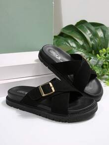 Women's Flat Slippers, New Summer Strap Crossover Buckle Black Beach Flip Flops, Outdoor Wear - Black - View 5