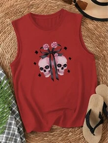 Pink Skulls With Flowers Women's Vest - Red - View 1