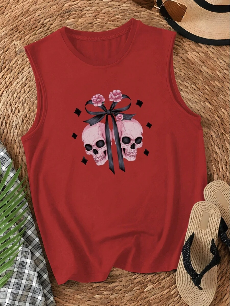 Pink Skulls With Flowers Women's Vest - Red - View 1