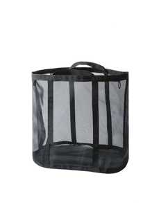 2pcs/1pc Casual Style Nylon Mesh Laundry Basket With Handle, Retractable Shape, Foldable And Wall-Mounted, Suitable For Various Room Types, Unlined - Dirty Clothes Storage Organizer
