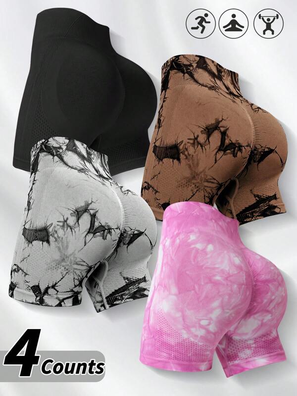 4pcs/Set Women's Seamless Tie-Dye Yoga Shorts, Versatile For Outdoor Climbing, Daily Wear, Gym, Workout, Sports
