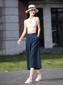 Women's Summer Solid Color Casual Wide Leg Loose 7/4 Length Pants With Pockets, Suitable For Daily Casual, Outdoor & Vacation Wear