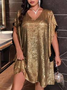 EARO POP Loose V-Neck Sequin Decorated Evening Dress, Suitable For Curvy Figures - Gold - Gold - View 5