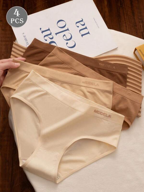 4 pièces Culottes sans couture taille moyenne, Couleur Maillard, Sous-vêtements pour femmes. Rehaussement des fesses, Haute élasticité, Confort et respirabilité. Lingerie pour femmes, Gaine ventre plat