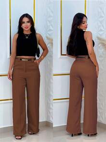 Tailored Wide Leg Pantaloons With Leather Belt - Óxido marrón - Ver 2