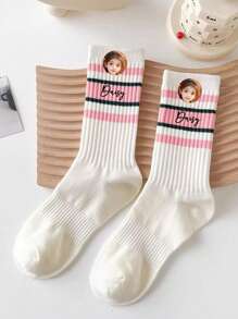 1Pair Striped Socks For Women's Mid-Tube Socks Ins Internet Celebrity Style Super Hot Versatile Sports Wear Solid Color Stockings Long Tube High Waist Personalized Text Customization