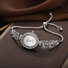 1 pieza Reloj de pulsera de cuarzo con esfera oval de números, elegante y con diamantes de imitación, con correa ajustable