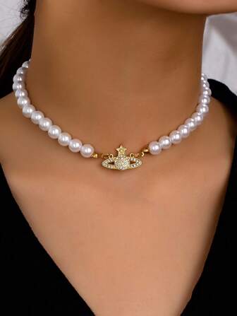 1pc Women's Fashionable Sparkling Heart Star Pearl Necklace With Earrings Set, Gold Tone