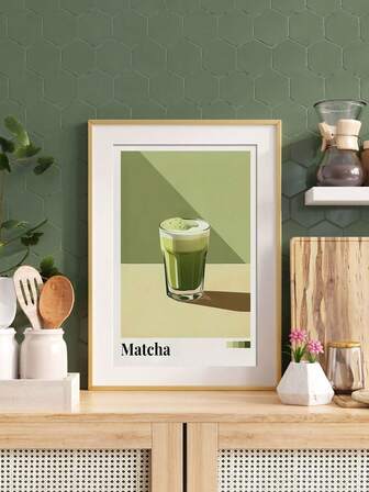 1 件复古中世纪现代抹茶绿茶艺术印刷海报 - 旧日本怀旧咖啡店咖啡插图，装饰艺术风格，无框帆布壁挂装饰，适用于家庭办公室、客厅、卧室、厨房、浴室、酒吧、咖啡店 - 室内肖像方向，墨水艺术品，季节性主题